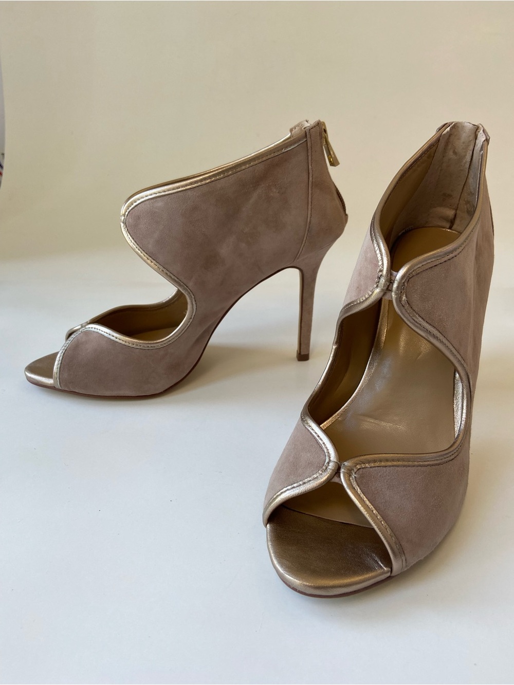 NWT Suede Ann Taylor Peep-Toe High Heels with Metallic Trim - Taupe